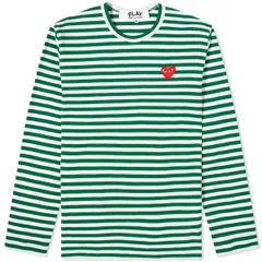 【送料無料】 コム・デ・ギャルソン メンズ Tシャツ トップス Comme des Garcons Play Long Sleeve Heart Stripe Logo T-Shirt Green White & Red
