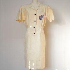 [値下げ交渉歓迎]CEBERG イタリア製 100%リネン 刺繍デザイン ワンピース ヴィンテージ 半袖シャツワンピース ミディ丈 バイカラーステッチ Aライン 美シルエット 即購入OK A-26