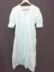 ◇ Θ ZARA ザラ Vネック 五分袖 膝下丈 ティアード ワンピース サイズM スカイブルー系 レディース E  【1507100009784】