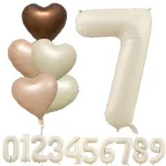 【★数量限定★】L-Athna 数字 バルーン 40インチ 大きい アルミ 風船 誕生日 ナンバーバルーン クリーミィ ハート型風船5個入れ クリーム色 キャラメル色 誕生日パーティ 祝い 飾り付け 壁飾り 撮影 女の子 男の子(クリーム色 7)