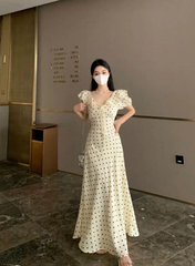 リボン付き✭フリルドット柄ロングワンピース♥デートや女子会にも最適✭春夏