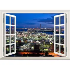 絵画風 壁紙ポスター (はがせるシール式) -窓の景色- -地球の撮り方- 夜の宝石箱 工場萌えする四日市コンビナートの工場夜景 【窓仕様／トリックアート】 キャラクロ C-ZJP-023MA1 (A1版 830mm×585mm) ＜日本製＞