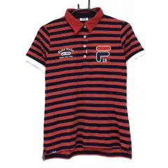 ★特価★【超美品】フィラゴルフ 半袖ポロシャツ レッド×ネイビー ボーダー ロゴ刺しゅう レディース Ｌ ゴルフウェア FILA GOLF