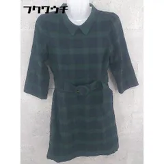 ◇ ◎ REDYAZEL レディアゼル ベルト付 チェック 七分袖 ミニ ワンピース サイズS グリーン ネイビー レディース 【中古】 【1002801352349】