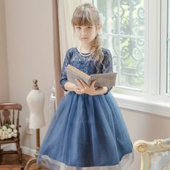 【ネイビー】デコルテシースルーレーススリーブドレス TAK キッズ キャサリンコテージ