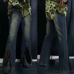 90s REVOLT Jeans Center Slit Fringe Leather Wash Flare Denim 90年代 センタースリット レザー フランジ ウォッシュ デニム フレアパンツ