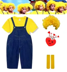 【新品・未使用】 ミニオン コスプレ ハロウィン 子供 キッズ  子ども セットアップ  オーバーオール 半袖 Tシャツ 靴下 かわいい かつら 豪華 セットアップ 普段着 キッズ  110 120 130 140