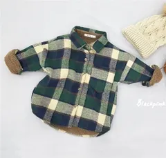 韓国子供服 Black pink 裏ボアデザインマルチチェックシャツ 裏起毛 アウター 上着 キッズ トップス グリーン