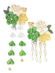 成人式 七五三 浴衣 袴 着物 振袖 和装 髪飾り2点セット つまみ細工 花 卒業式 結婚式 鈴付き 手作り 赤 [JZOON] 黄 紫 ピンク グレー 白と青 6色