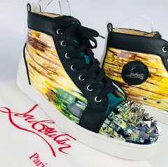 美品★Christian Louboutin・クリスチャン ルブタン メンズ レザー切替し マルチスパイクスタッズ メタルロゴプレートワッペン付き ハイカットスニーカー (41.5) ブランド メンズ 靴