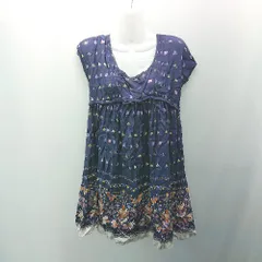 ◇ mysty woman カジュアル イラスト 総柄 ギャザー ウエスト紐 ひざ丈 ワンピース サイズM ネイビー レディース E  【1308290034262】