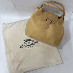 ★-35 LONG CHAMP ロンシャン ハンドバッグ レザー イエロー系 大容量 留め口金具 ベルトデザイン レディース