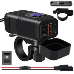 バイクusb電源 防水 ソケット BlueFire オートバイ専用電源 2*QC3.0急速充電ポート 電圧計 独立電源ON/OFFスイッチ搭載 過圧保護 USBチャージャー QC3.0電源アダプター DC 12V GPS タブレット スマホ Android/I