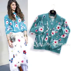 シャネル カーディガン CHANEL グリーン ターコイズ フラワー柄 カシミア ニット グリポア宝石ボタン カール・ラガーフェルド 超美品 36
