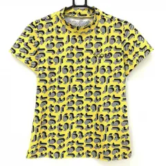 【超美品】ティゴラ 半袖ハイネックシャツ イエロー×白 英字総柄 胸元ロゴ刺しゅう レディース M ゴルフウェア TIGORA