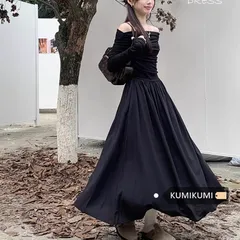 ワンピース フランス風 長袖 春秋冬 高級感 ウエストマーク オフショルダー インナー ロングドレスFS711