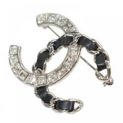 シャネル ブローチ レディース ココマーク　ココ アクセサリー CHANEL ラインストーン  レザー   B19V シルバー ブラック 黒 約32.5g 美品 2019年【中古品】