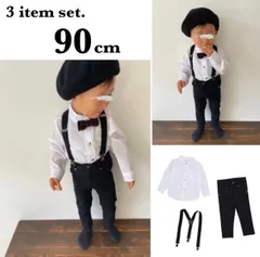 子ども服 90cm ノーカラーシャツ パンツ サスペンダー 3点セットフォーマル