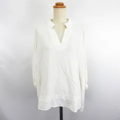 シーズンリーズン SEASON REASON シャツ ブラウス 七分袖 ドロップショルダー スタンドカラー スキッパー プルオーバー 麻混 M ホワイト ※EKM