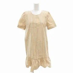 マリメッコ marimekko ギャザーワンピース ストライプ 半袖 ひざ丈 34 XS ベージュ 白 ホワイト /HO◆ 1227