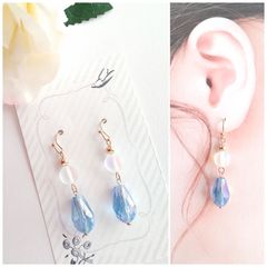 E198 ハンドメイド 天然石 ラブラドライト ブルー ガラスビーズ しずく ピアス イヤリング