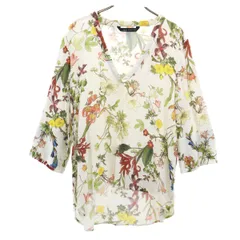 ZARA WOMAN ザラウーマン ポルトガル製 花柄 7分袖 Vネック ブラウス L ホワイト レディース 古着