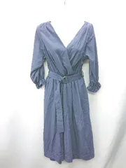 ◇ ⊇ naturalcouture Ｖネック ウエストベルト付き 長袖 ロング丈 ワンピース サイズF ネイビー レディース E  【1409240006879】