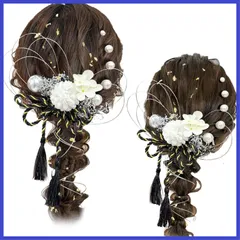 浴衣に 七五三 ドライフラワー 袴 ベロアリボン 着物 金箔 和装 ベロアリボン ブラックリボン 振袖 和玉 卒業式 水引き 成人式 かすみ草 網型飾り 髪飾り 専用ケース付き [JZOON] J0022