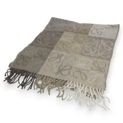 美品 LOEWE ロエベ 現行モデル ウール＆カシミヤ ダブルフェイス アナグラム チェッカーボード スカーフ マフラー ホワイト ベージュ レディース 古着 中古 USED