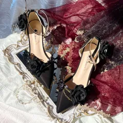 【オリジナル手作り】ゴシック＆ロリータ ダークローズハイヒール 5cm・8cmヒール／ストラップ付き／ブラック＆レッド／暗黒ロリィタ／薔薇モチーフ／ゴシックファッション必見