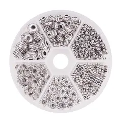 PH PandaHall 約216個入り 6種類 メタルビーズ 古銀色 合金 スペーサービーズ 菊座 花座 座金 チャーム チベット風 ジュエリー製作 アクセサリーパーツ DIY用 クラフト ブレスレット ネックレス 手作り素材 シルバー