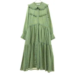 美品 MILKFED. ミルクフェド チェック柄 長袖 ロングワンピース F グリーン系 フリル 襟付き レディース 古着