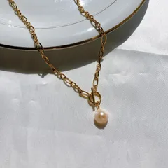 【サージカルステンレス】淡水パールつきデザインオーバルチェーンのネックレス
