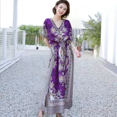 ☆ パープル ☆ 春夏 レディース ワンピース リゾート ワンピース 半袖 ロングワンピース ワンピ レディース おしゃれ  オシャレ 春 夏 綿 コットン Vネック マキシ丈 膝下 ウエスト紐 サイドスリット 柄 総柄 ドレス きれいめ カジュアル