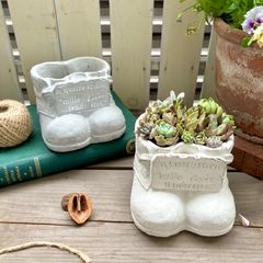 靴型のプレート付きプランター　多肉植物寄せ植え　多肉植物鉢　ガーデンオブジェ