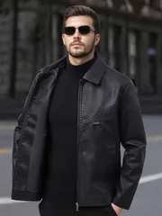 レザージャケット PUレザー メンズ ジャケット カジュアル パンクスタイル スタンドカラー 防風 ジッパーフロント ソフトシェル レギュラーフィット アウトドアウェア 耐久性のあるジッパークロージャー おしゃれ メンズファッション バイカー ブラック