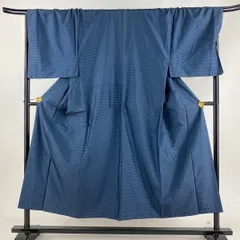 男着物 身丈149cm 裄丈71.5cm L 袷 アンサンブル 紬 幾何学模様 紺色 正絹 秀品 【中古】