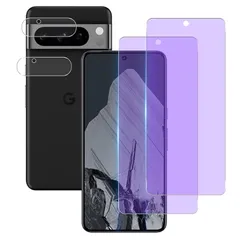 ブルーライトカット 93%【 2+2枚セット 】 Wekrsu 国産旭硝子素材 強化ガラス 対応 Google Pixel8 Pro ガラスフィルム (２枚入り) + レンズフィルム (２枚入り) グーグル ピクセル8 pro フィルム 目の疲れ軽減 カバ