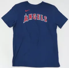 【中古】Tシャツ 大谷翔平#17(ロサンゼルス・エンゼルス) ナイキ ゴールドサイン刺繍 ナンバーTシャツ ネイビー Lサイズ 