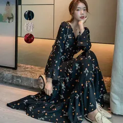 ティアードワンピース レディース 春 秋 夏 花柄 カシュクールワンピ Vネック  フレアワンピース 長袖 ロングワンピ Aライン ハイウエスト きれいめ おしゃれ 韓国ファッション 新作 naisi01