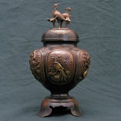⭕️✨希少名品 在銘「旭峰」作 高岡銅器 銅製香炉 鷹摘蓋・鳳凰耳・梅