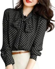 Dep Club ボウタイブラウス レディース リボン 長袖 ドット柄 きれいめ トップス オフィスカジュアル シャツ 春 秋 夏(ブラック,  XL)
