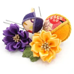 髪飾り 成人式 振袖 浴衣 袴 ４点セット 黄色 紫 つまみ細工 花 結婚式 入学式 入園式 卒園式 卒業式 七五三 753 ブライダル 前撮り 日本製 かんざし フォーマル 花飾り 玉飾り 簪 着物 カラシ W 28 323-271 u811　Si