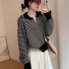 ニット セーター ボーダー 襟付き ポロニット ゆったり 体型カバー レディース 秋 冬 春 トップス 白 黒 カジュアル 大人 上品 韓国ファッション オーバーサイズ かわいい 通勤 デートコーデ 20代 30代 40代 [1017]