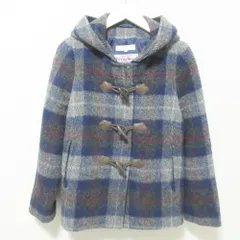 美品 組曲 クミキョク ハリスツイード チェック柄 ショートダッフルコート ジャケット 2 ネイビー グレー レディース 古着 中古 USED