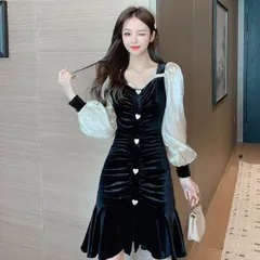 ドッキング ジャンスカ風 ワンピース ティアードワンピース ミニ ミニ丈 膝上 袖あり 長袖 ボリューム袖 パフスリーブ Vネック フレア マーメイド 切り替えデザイン フリル 透け感 異素材MIX 光沢感 かわいい カジュアル 上品 おしゃれ ラブリー キュ