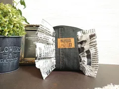No.35【DENIM✖️リボンフリルポーチ❤️】リメイクデニム英字フリルポーチ🔣✨ハンサムカッコいい✨