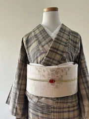 格子柄 単衣紬 ベージュ×紺［K157］