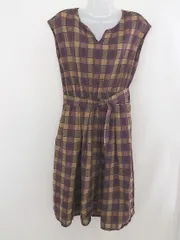 ◇ ◎ Andemiu アンデミュウ チェック 半袖 膝下丈 ワンピース サイズM ベージュ パープル系 レディース  【中古】 【1203160001422】