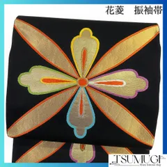 振袖帯　花菱　黒地　カラフル　金糸　華やか　袋帯　着物　023a d